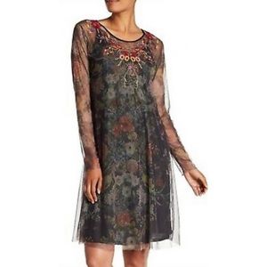 Johnny Was Biya Floral Embroidered Black Mesh Dress with Slip - XS